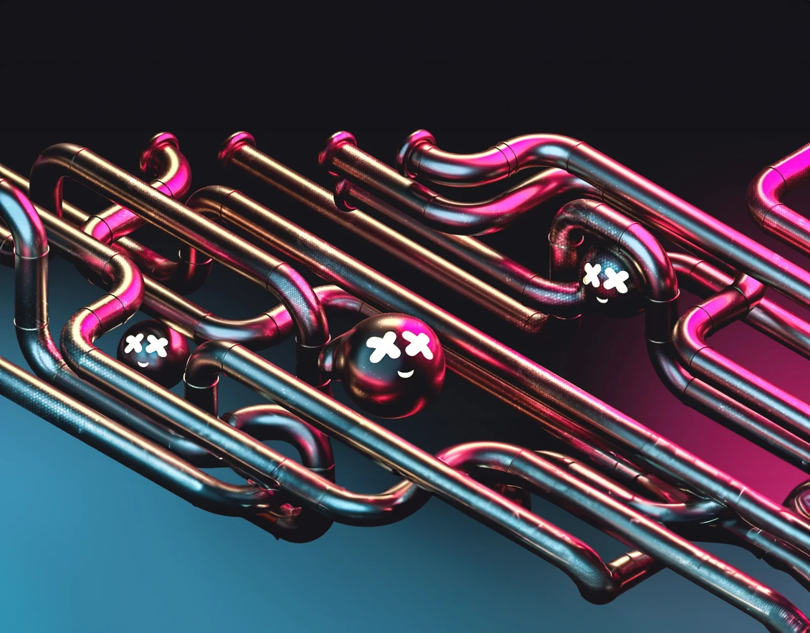 Chrome characters moving through a network of metallic tubes