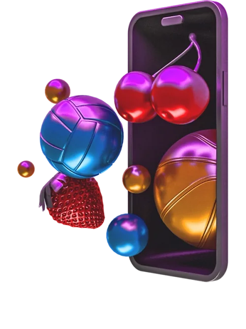 A mobile screen surrounded by colourful interactive elements