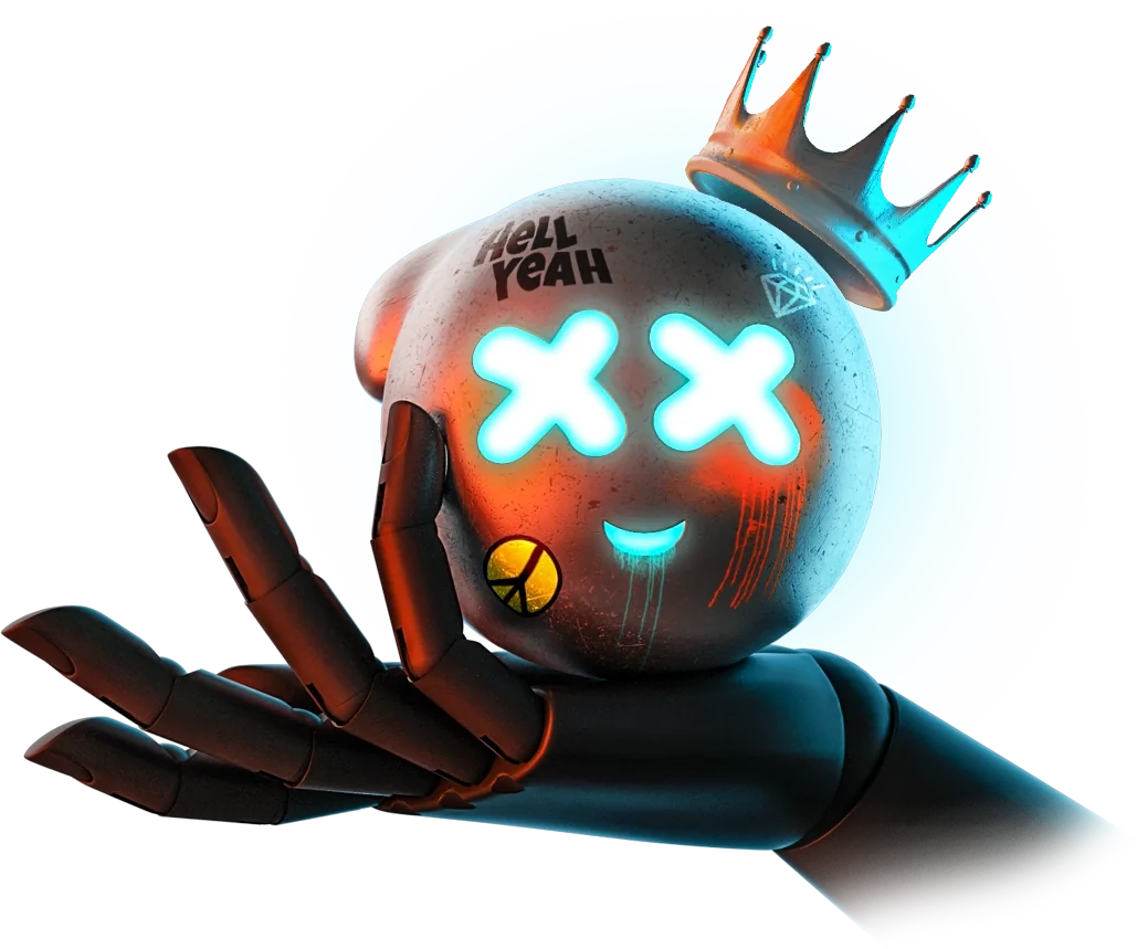 A crowned chrome character balanced on a robotic hand