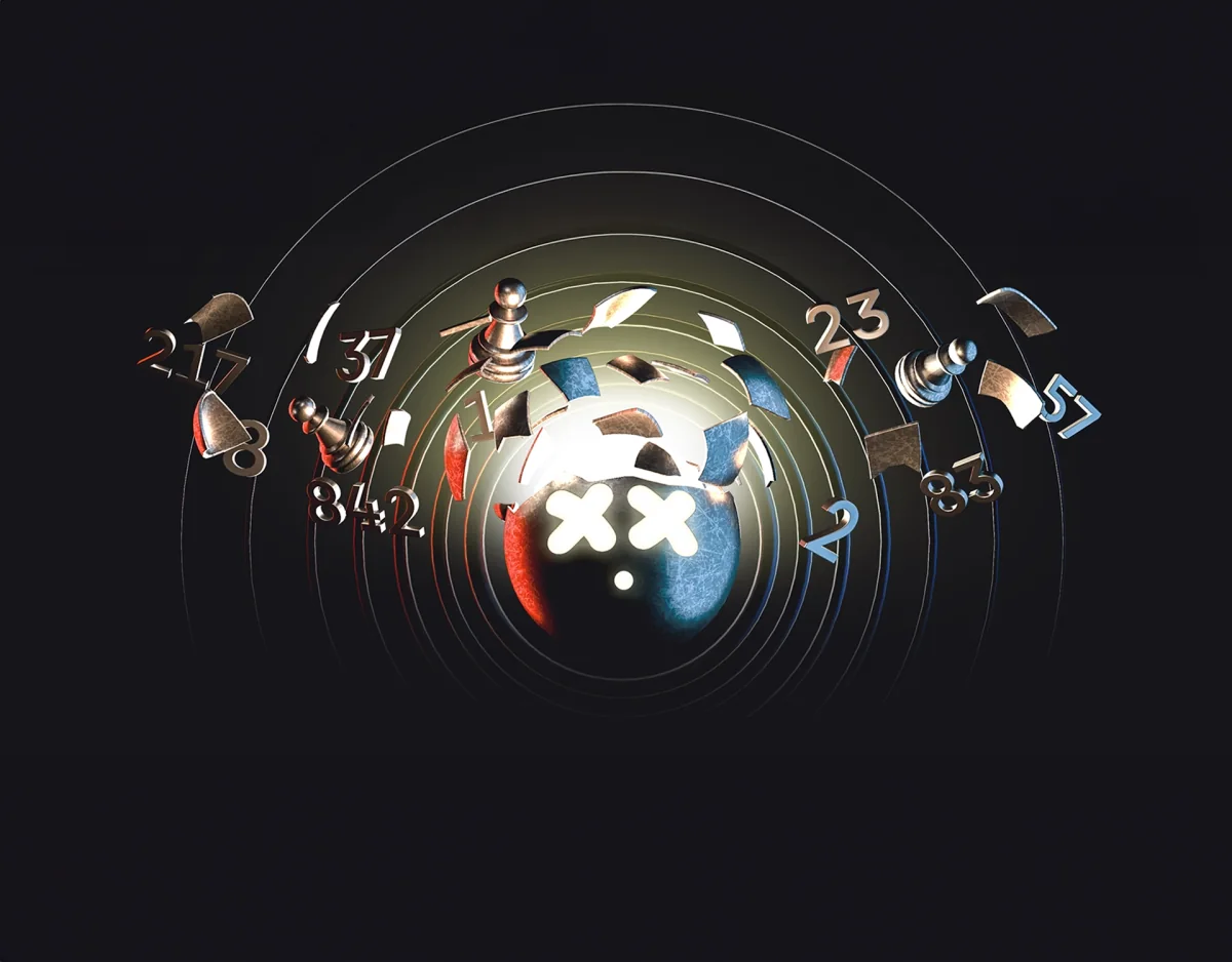 A chrome character surrounded by floating numbers and geometric pieces