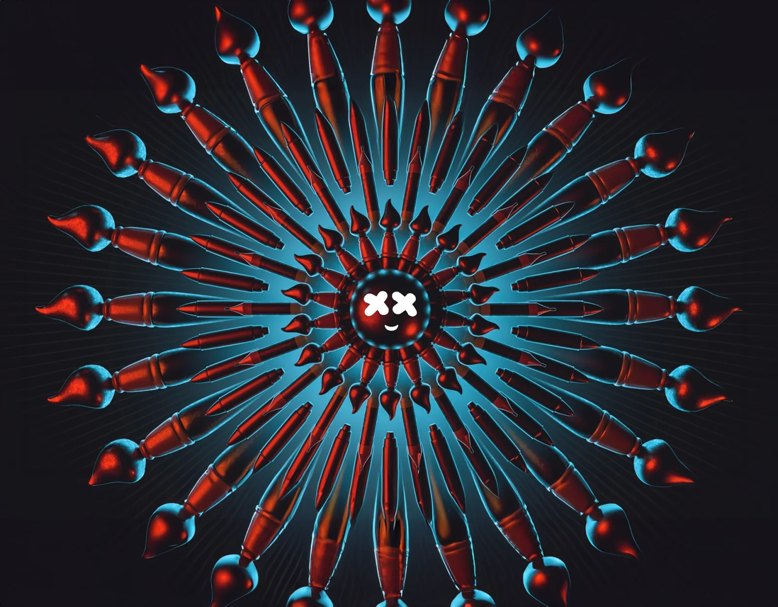A radial arrangement of brushes and design tools around a chrome character
